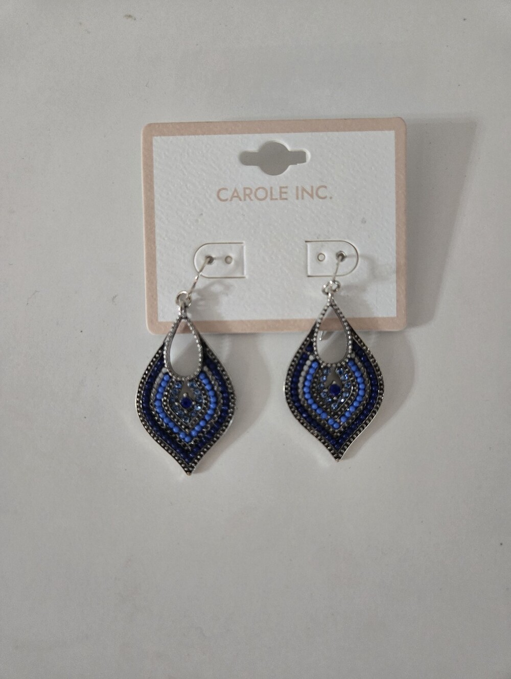 Carole Inc Blue Beaded Rhinestone Teardrop Dangle Earrings Silver Tone NWT